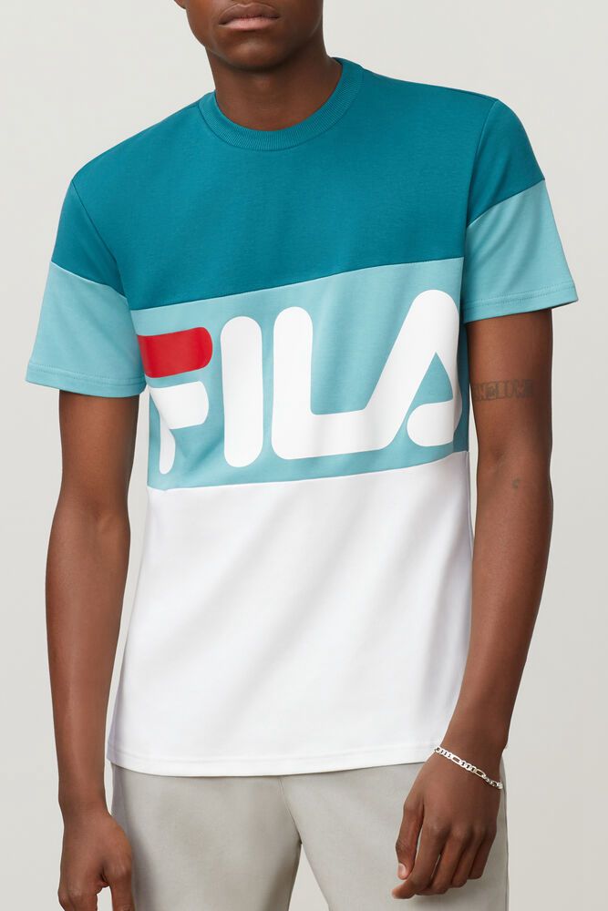 Fila T-Shirt Vialli Mens White/Turquoise - India WRA-713684